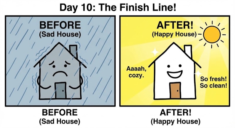 EWI installation day 10 before and after comparison showing sad cold house transformed to happy cozy insulated home