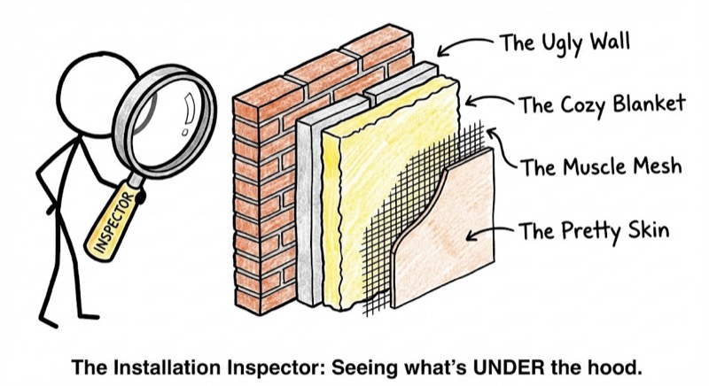 External Wall Insulation layers diagram showing the ugly wall, cozy blanket insulation, muscle mesh reinforcement, and pretty skin render finish