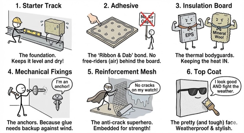 EWI system components diagram showing starter track, adhesive, insulation board, mechanical fixings, reinforcement mesh, and top coat - complete guide to external wall insulation layers